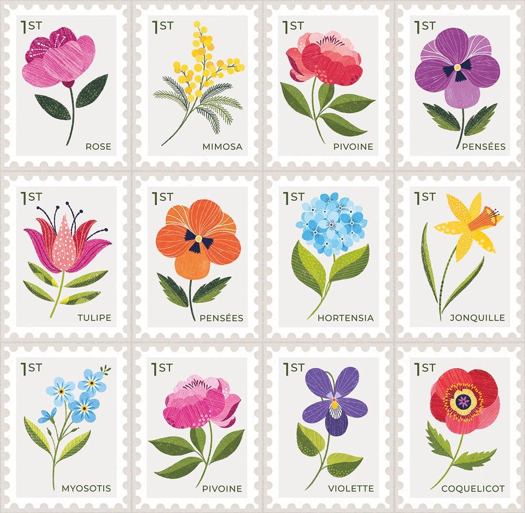 Illustration of brk0295 blooming lovely floral postage stamps web